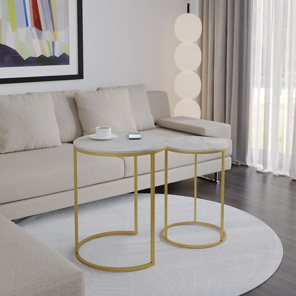 Urbnliving Marble Wood Top Nesting Tables Gold Legs Set Home-Furniture Kingdom